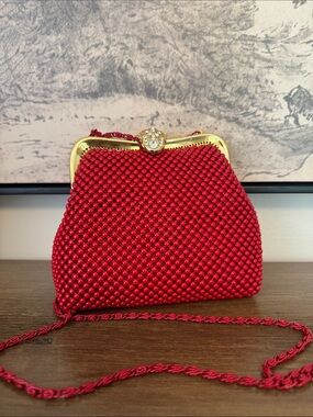 Red Beaded Evening Clutch with Gold Frame and Crystal Clasp